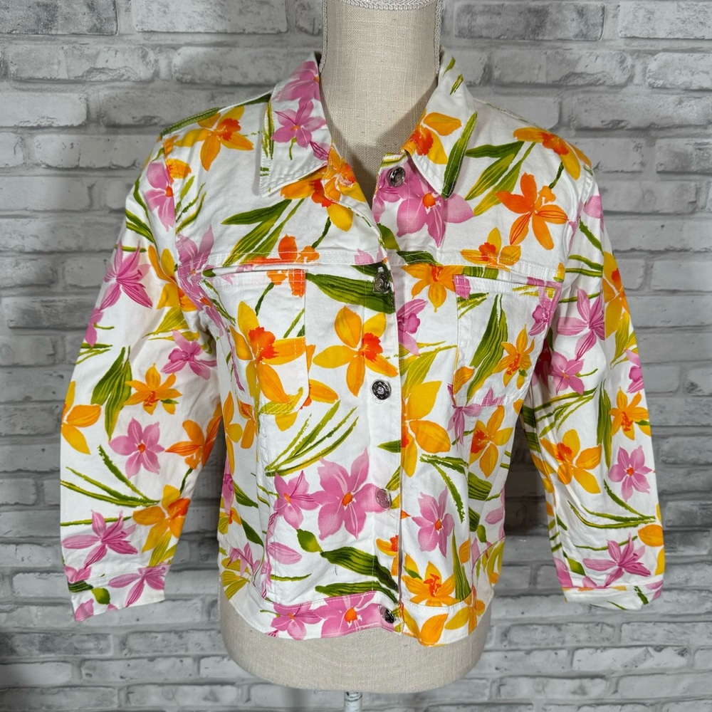 Vintage White Pink Orange Tropical Floral Jean Jacket Half Sleeves